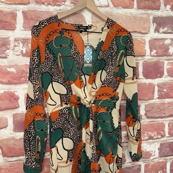 Boohoo Dress Women's 6 Multicolor Chain Link Animal Print Twist Knot Mixed Media - Picture 3 of 9